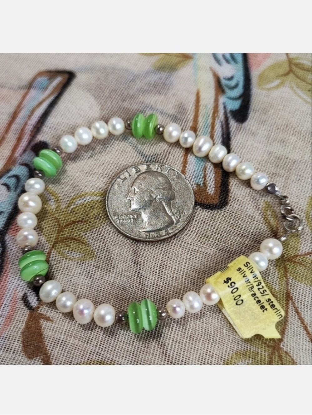 Sterling Silver Gritty Fresh Water Pearl Bracelet Green Doughnut Beads NWT